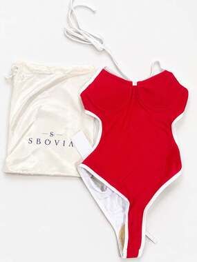 SBOVIA Red & White Cutout One Piece Swimsuit XS NWT High Cut Brazilian Monokini